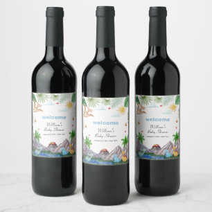 Rawr Volcano Mountain Forest Dinosaur Baby Shower Wine Label