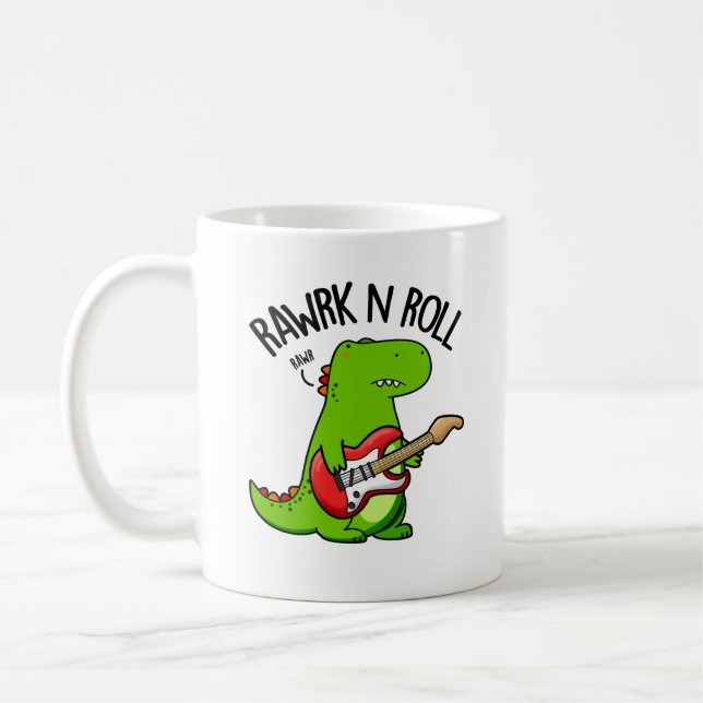 Rawrk And Roll Funny Rocker Dinosaur Pun  Coffee Mug (Left)