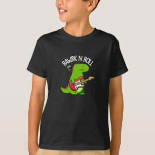 Rawrk And Roll Funny Rocker Dinosaur Pun Dark BG T-Shirt