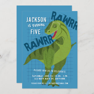 RAWRR Dinosaur T-REX Kids Boys Blue Birthday Party Invitation