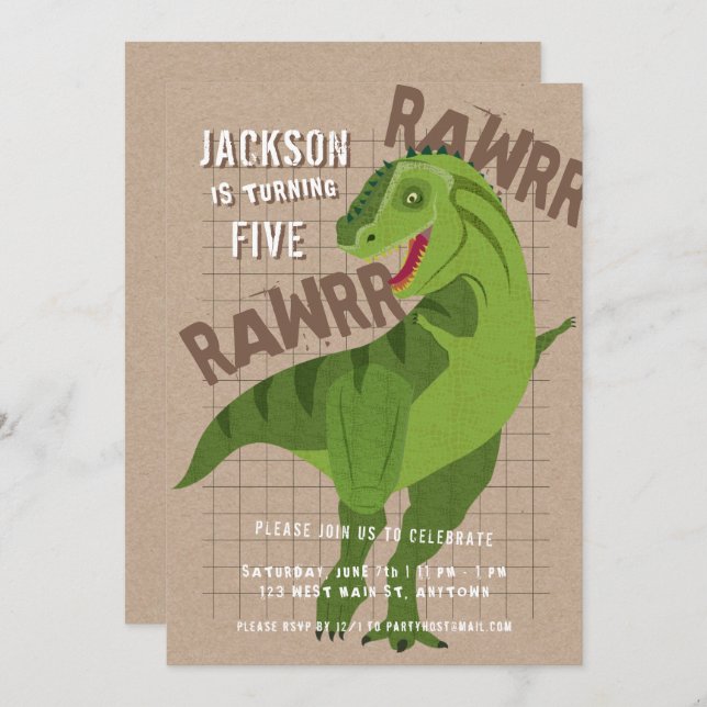 RAWRR Dinosaur T-REX Kids Neutral Birthday Party Invitation (Front/Back)