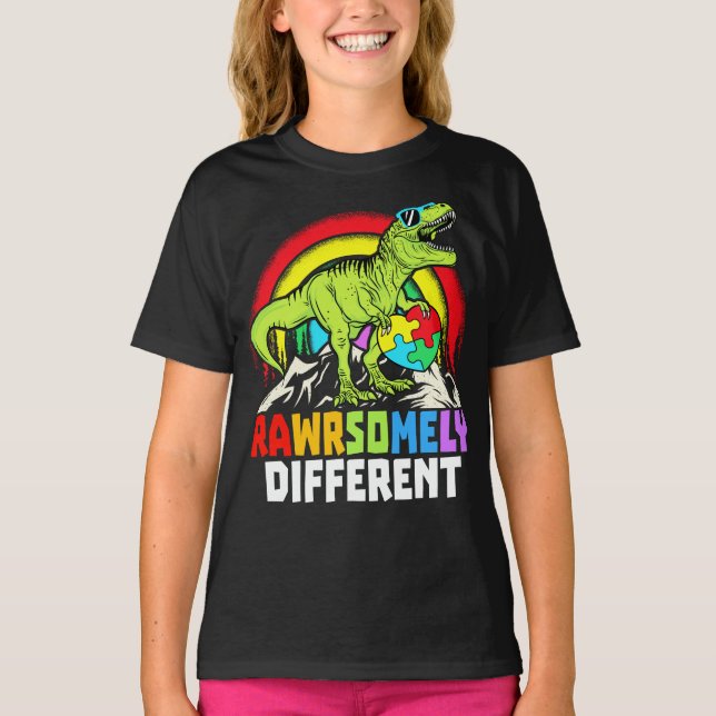 Rawrsomely Different Dinosaur Autism Awareness T-Shirt (Front)