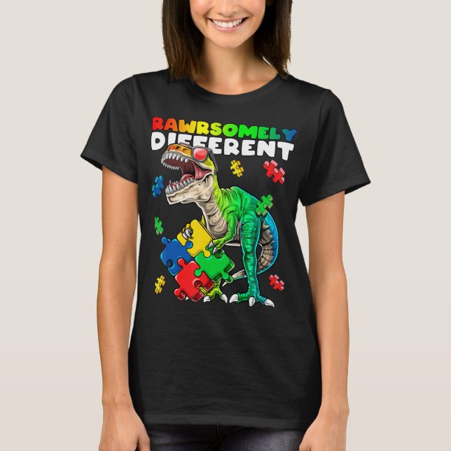 Rawrsomely different dinosaur autism awareness top (Front)