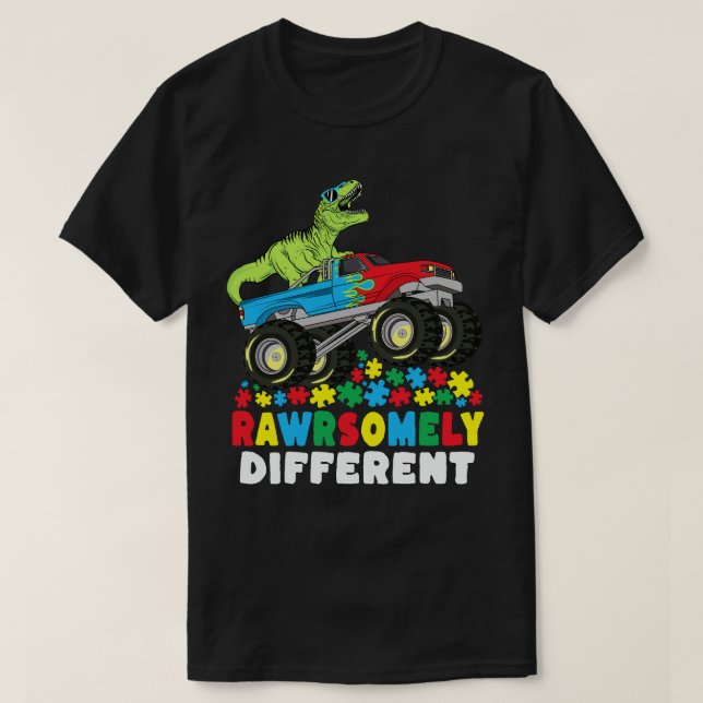 Rawrsomely Different T Rex Monster Truck Autism T-Shirt (Design Front)