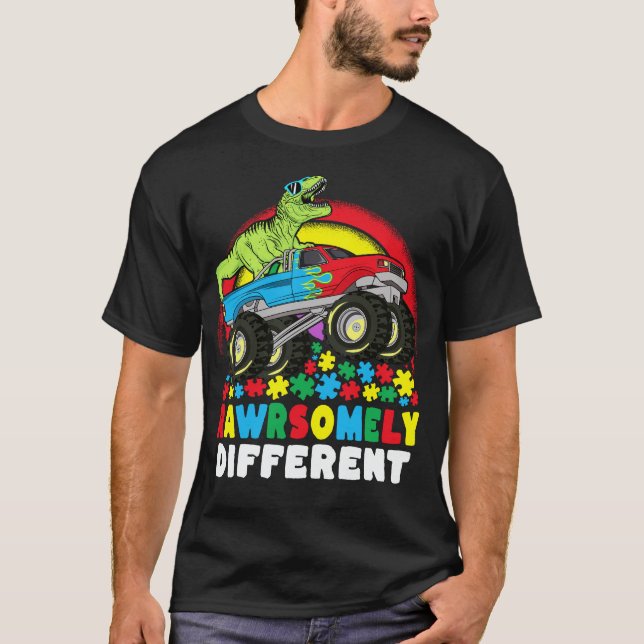 Rawrsomely Different T Rex Monster Truck Autism  T-Shirt (Front)