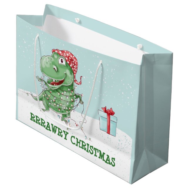 Rawry Christmas Dinosaur Holiday Large Gift Bag (Front Angled)