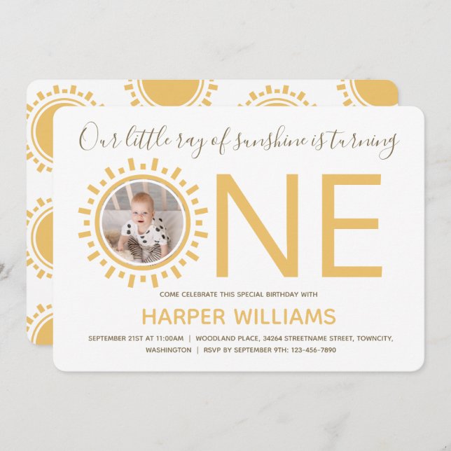 Ray of Sunshine Photo Baby First Birthday Invitation (Front/Back)