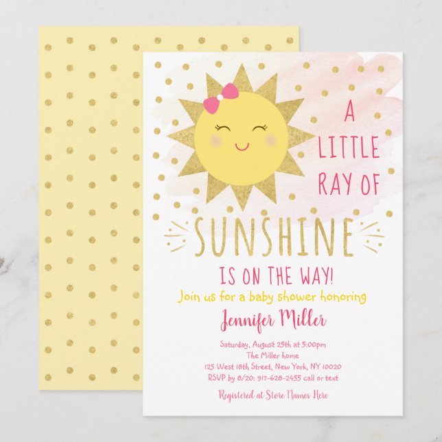 Ray Of Sunshine Pink & Gold Baby Shower Invitation (Front/Back)