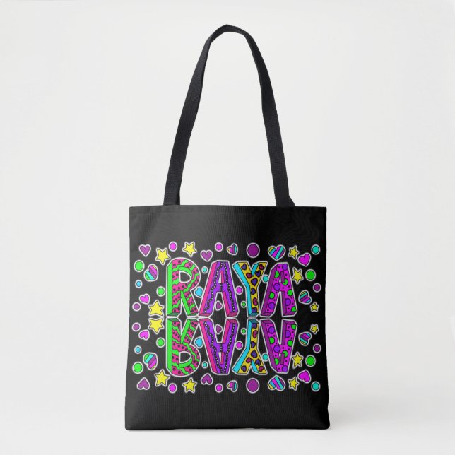 Raya, Girl's  Name Hearts and Stars Colourful Tote Bag (Front)