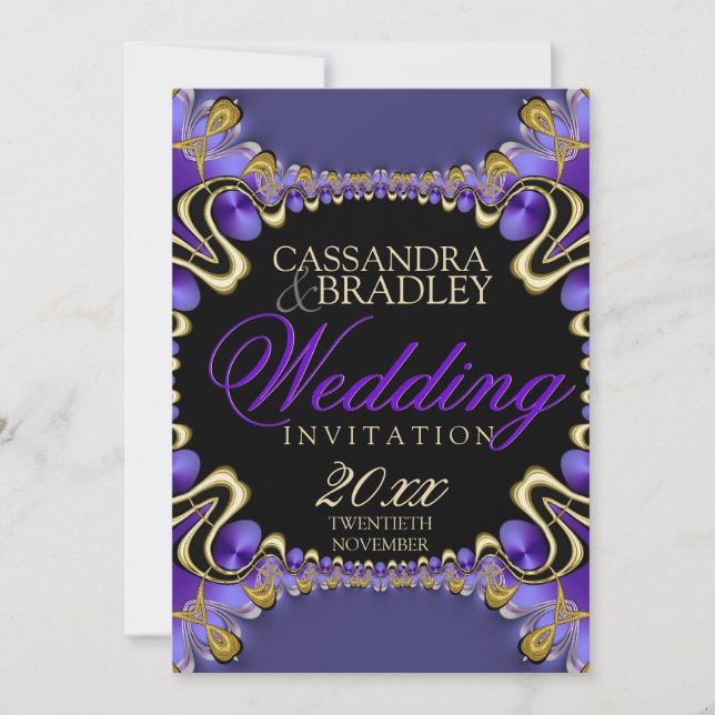 Rayalina: Purple Black Gold Wedding Invitations (Front)