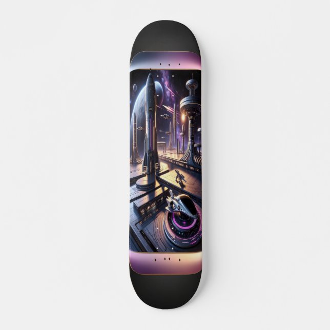 "Raygun Gothic Futuristic Cityscape Deck" Skateboard (Front)
