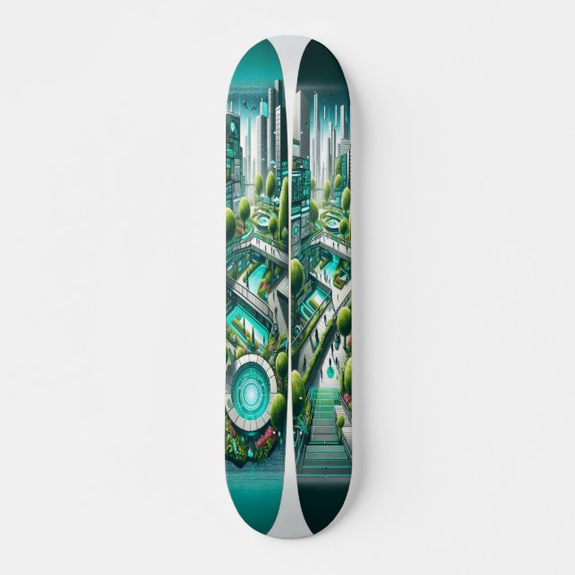 "Raygun Gothic Futuristic Urban Park Deck" Skateboard (Front)