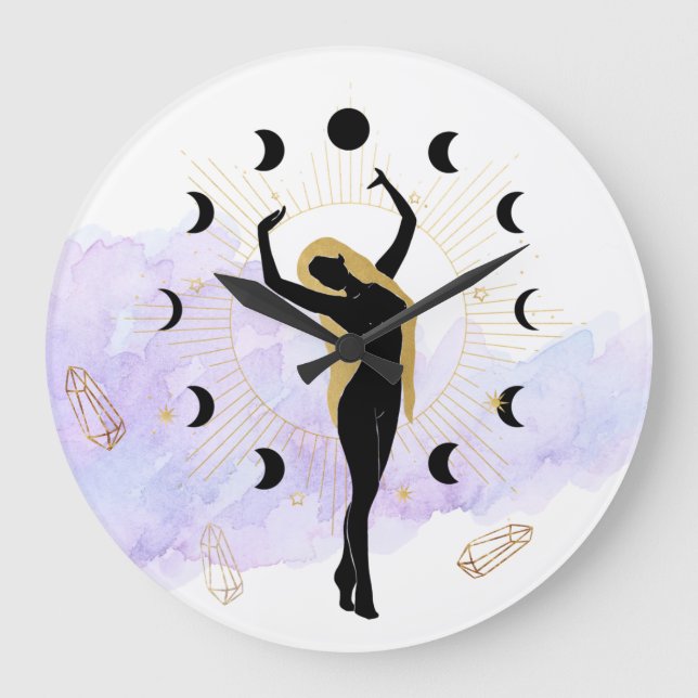*~* Rays Crystals Cosmic Black Gold Goddess Moon   Large Clock (Front)