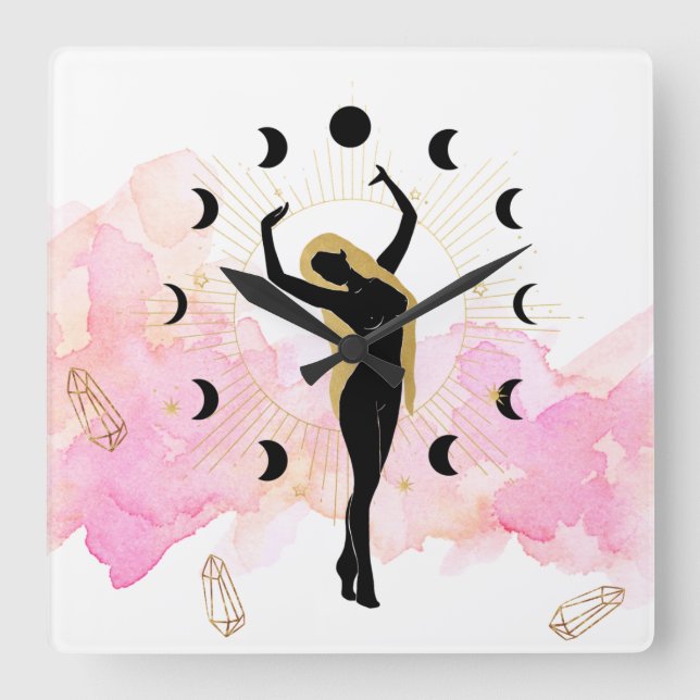 *~* Rays Crystals Cosmic Gold Black Goddess Moon Square Wall Clock (Front)