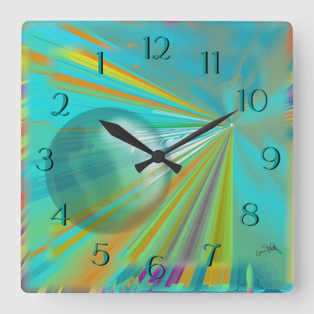 Rays on Planet Abstract Design in Turquoise Square Wall Clock (Front)
