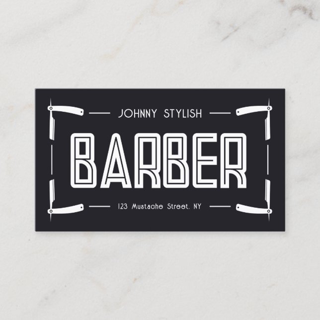 Razor frame barber style business card (Front)