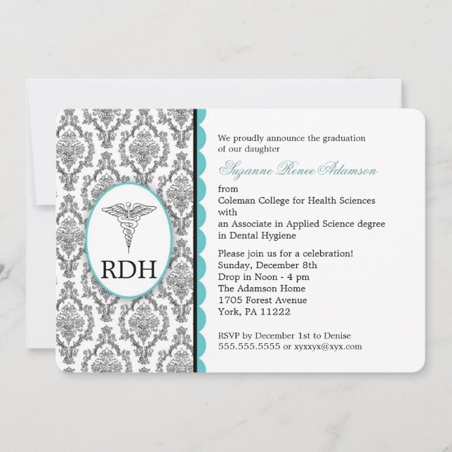 RDH Graduation Dental Hygienist Hygiene damask Invitation (Front)