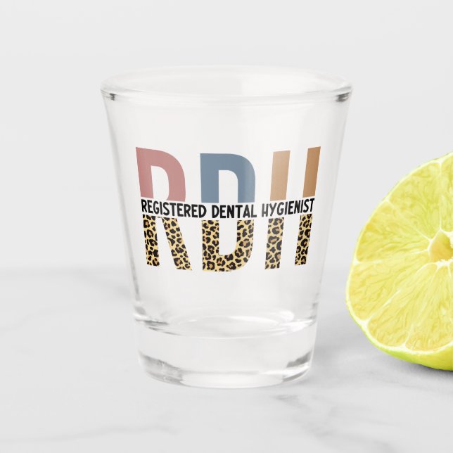 RDH Registered Dental Hygienist Leopard Typography Shot Glass (Front)