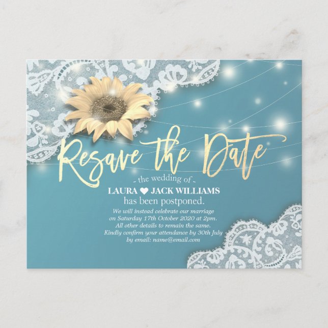 Re-save the Date Wedding Postponement Sunflowers Announcement Postcard (Front)