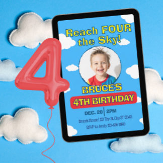 Reach FOUR the Sky, Picture Clouds 4th Birthday Invitation