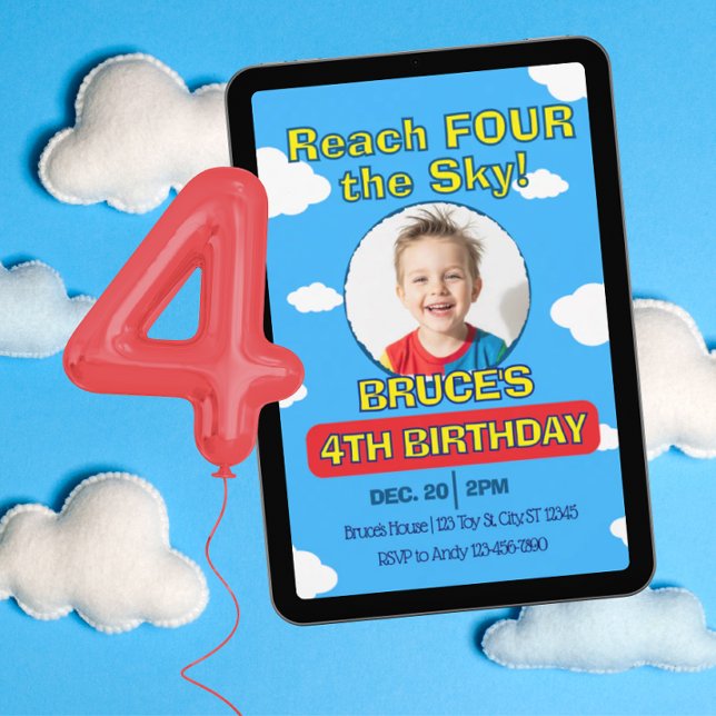 Reach FOUR the Sky, Picture Clouds 4th Birthday Invitation (Creator Uploaded)