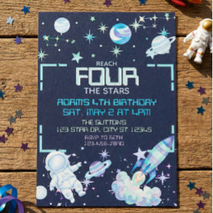 Reach Four the Stars Blue Green Space 4th Birthday Invitation