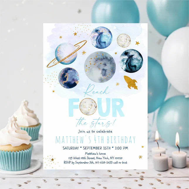 Reach FOUR The Stars Blue Space Birthday Invitation | Zazzle