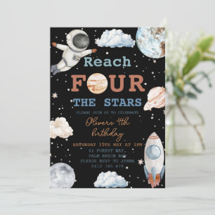 Reach Four The Stars Boy black Space 4th Birthday Invitation