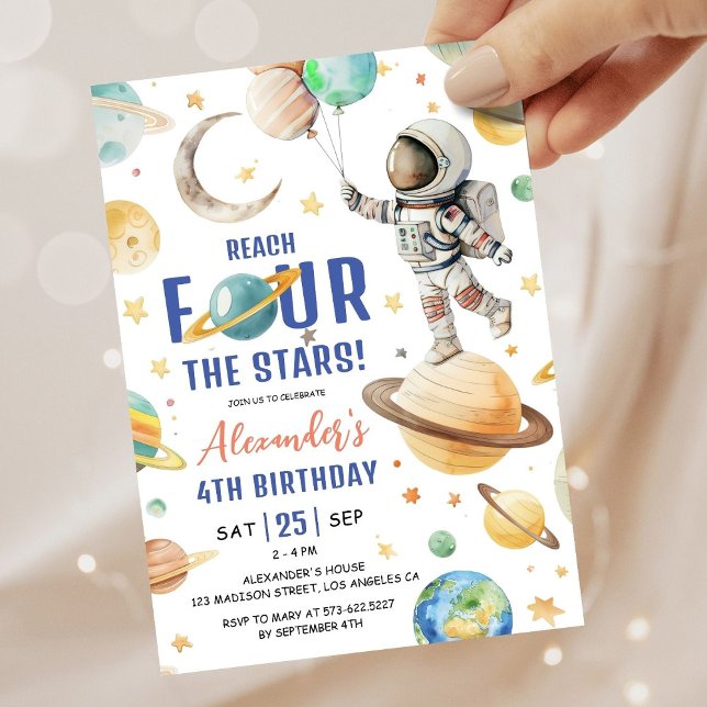 Reach Four The Stars Boy Space 4th Birthday Party Invitation (Creator Uploaded)