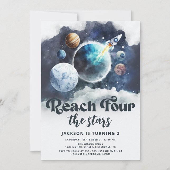 Reach Four the Stars Galaxy Modern 4th Birthday Invitation (Front)