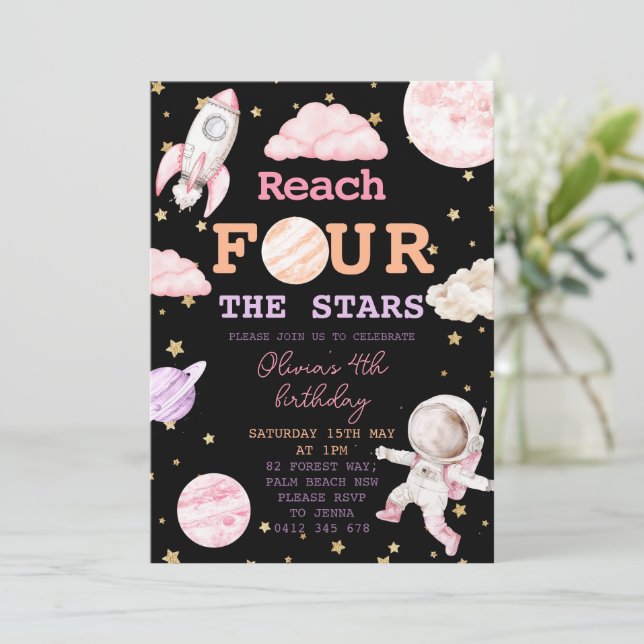 Reach Four The Stars Girl black Space 4th Birthday Invitation (Standing Front)