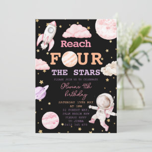 Reach Four The Stars Girl black Space 4th Birthday Invitation