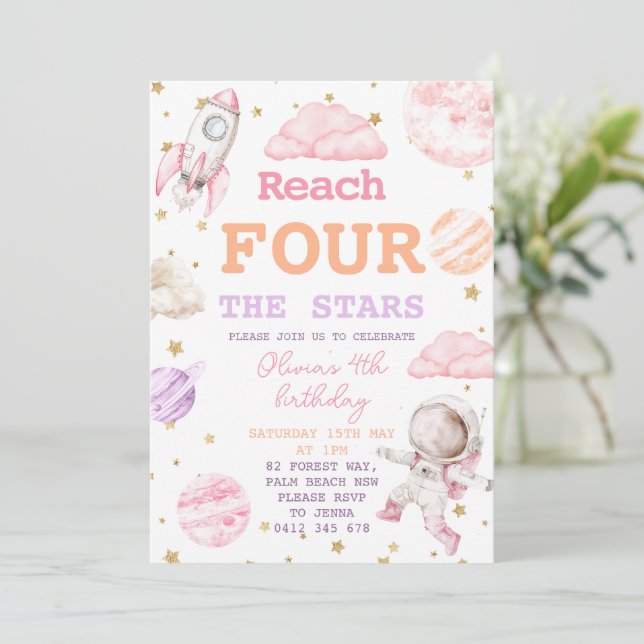 Reach Four The Stars Girl Space 4th Birthday Invitation (Standing Front)