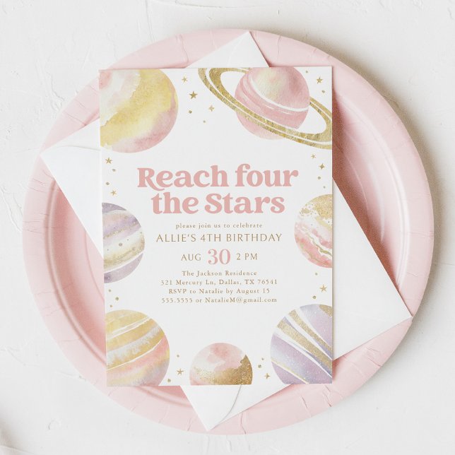 Reach Four the Stars Pink Gold Space Birthday Invitation (Creator Uploaded)