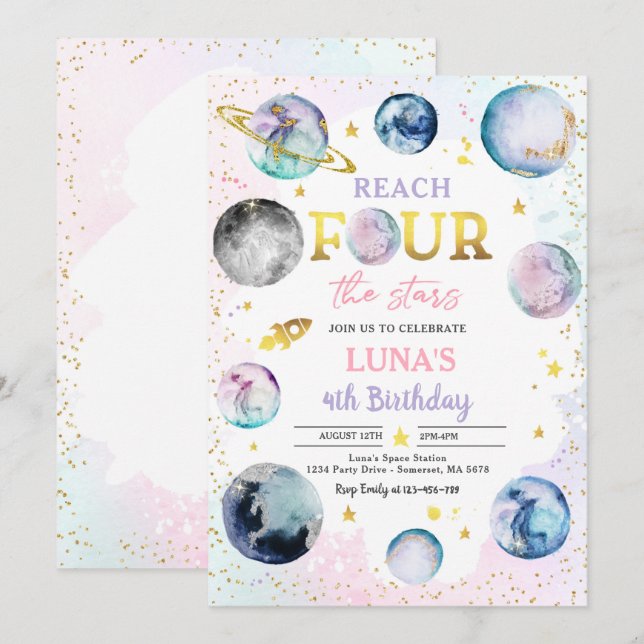Reach Four The Stars Space 4th Birthday Party Invitation (Front/Back)