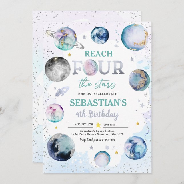 Reach Four The Stars Space 4th Birthday Party Invitation (Front/Back)