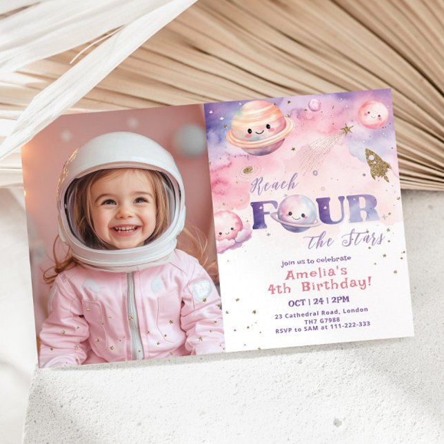 Reach Four the stars Space girl birthday Invitation (Creator Uploaded)