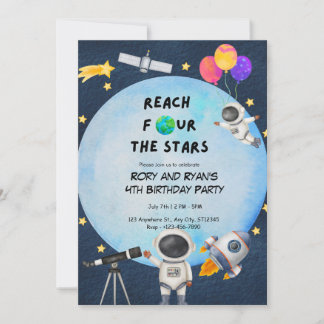 Reach FOUR the Stars – Twin 4th Birthday Invitatio Invitation