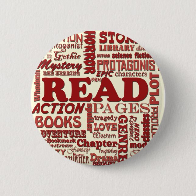 Read all about it red! 6 cm round badge (Front)