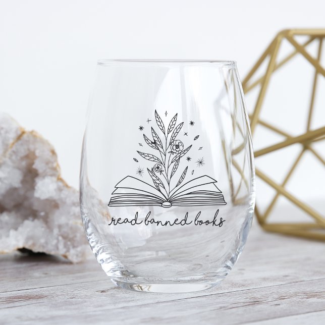 Read Banned Books Blooming Floral Book Stemless Wine Glass (Creator Uploaded)