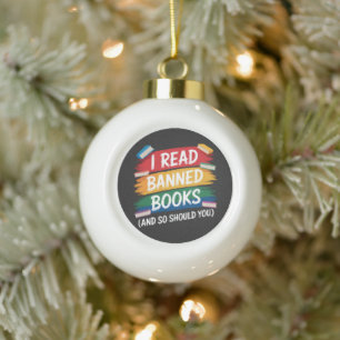 read banned books librarian week ceramic ball christmas ornament