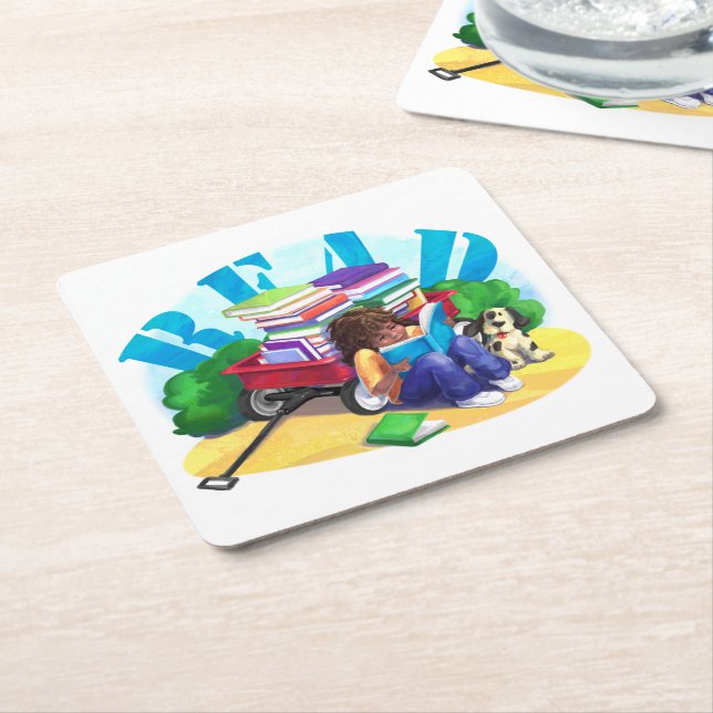 READ Book Wagon Art Square Paper Coaster (Angled)