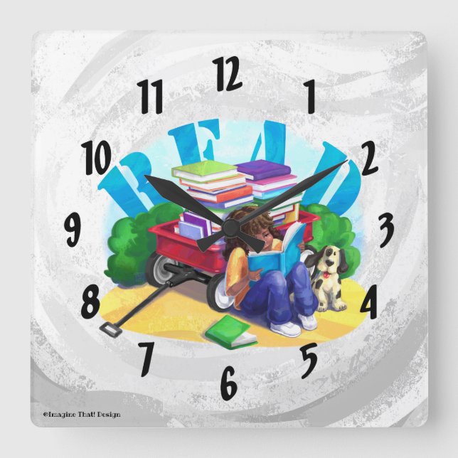 READ Book Wagon Art Square Wall Clock (Front)
