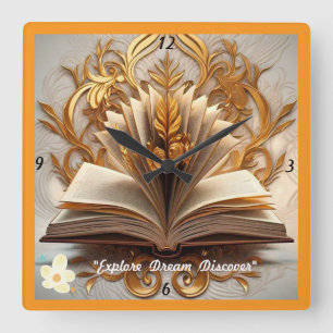 "Read, Imagine, Explore" Square Wall Clock