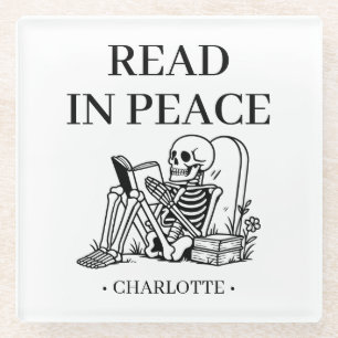 Read In Peace Funny Reading Skeleton Book Lover Glass Coaster
