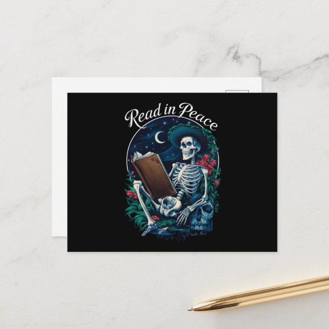 Read in Peace Skeleton Reading Book Lover Bookish  Postcard (Front/Back In Situ)
