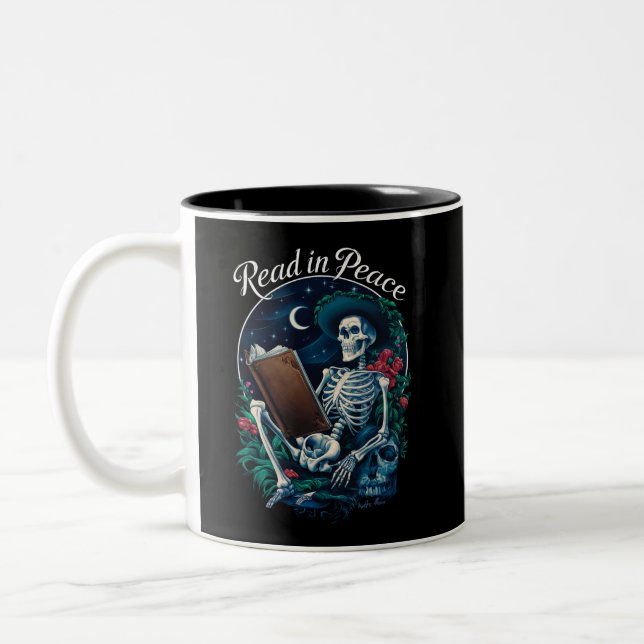 Read in Peace Skeleton Reading Book Lover Bookish  Two-Tone Coffee Mug (Left)
