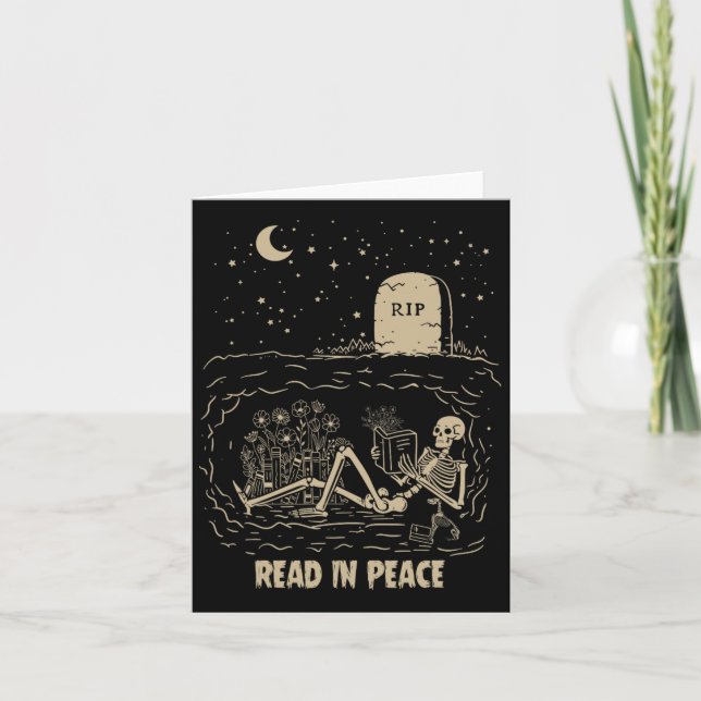 Read In Peace Skeleton Reading Books Funny Hallowe Card (Front)