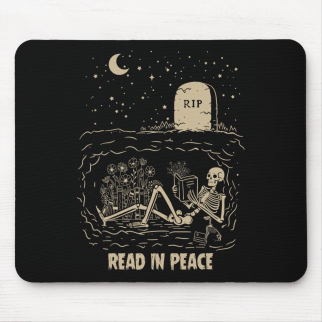 Read In Peace Skeleton Reading Books Funny Hallowe Mouse Mat (Front)