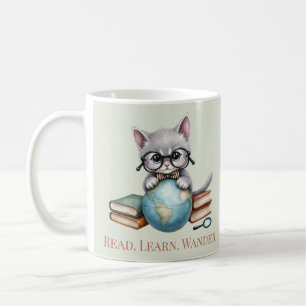 “Read. Learn. Wander.” Cute Bookish Cat Coffee Mug